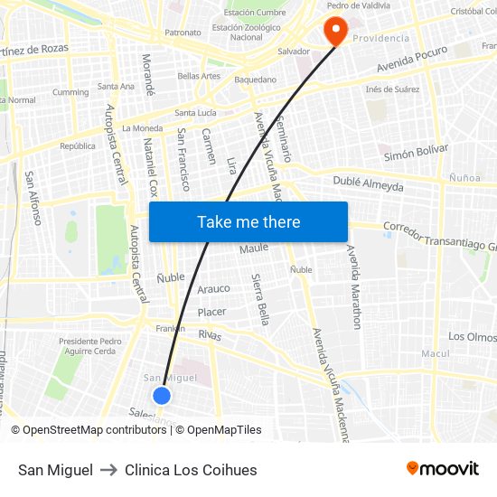 San Miguel to Clinica Los Coihues map