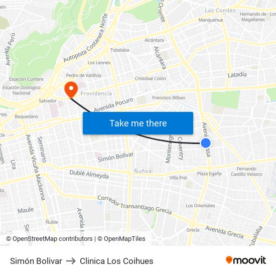 Simón Bolivar to Clinica Los Coihues map