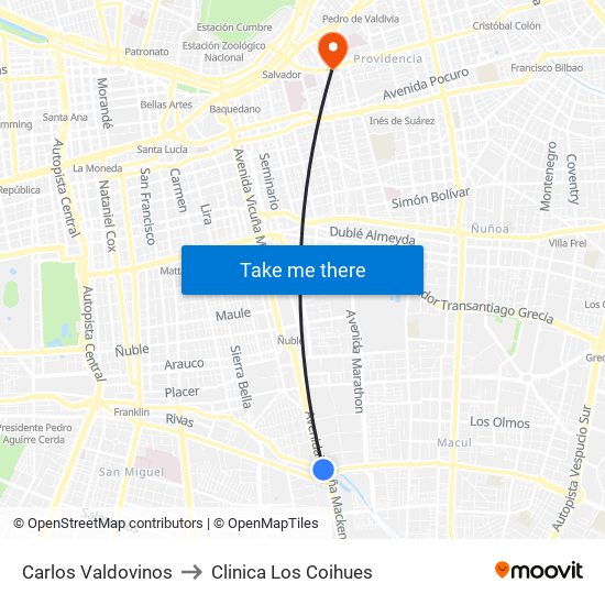 Carlos Valdovinos to Clinica Los Coihues map