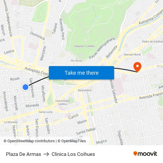 Plaza De Armas to Clinica Los Coihues map