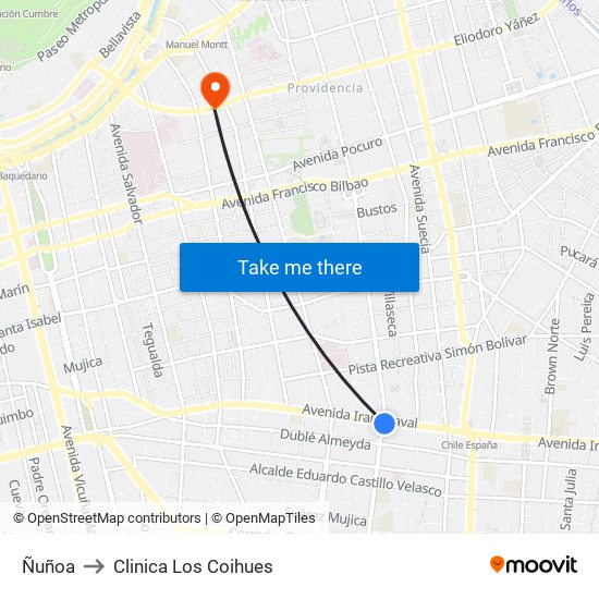 Ñuñoa to Clinica Los Coihues map