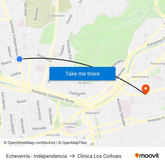 Echeverría - Independencia to Clinica Los Coihues map