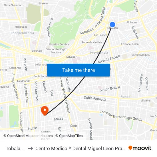 Tobalaba to Centro Medico Y Dental Miguel Leon Prado map