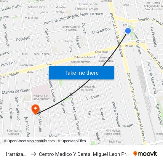 Irarrázaval to Centro Medico Y Dental Miguel Leon Prado map