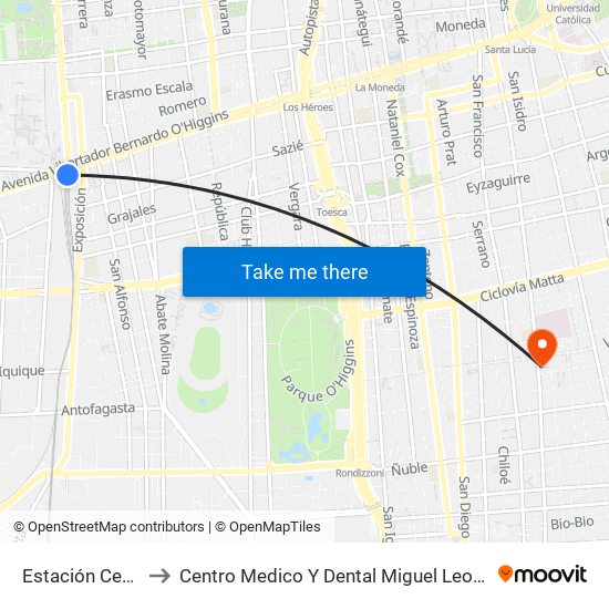 Estación Central to Centro Medico Y Dental Miguel Leon Prado map