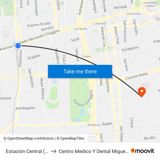 Estación Central (Anden1) to Centro Medico Y Dental Miguel Leon Prado map