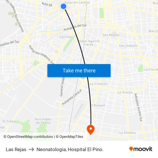 Las Rejas to Neonatologia, Hospital El Pino. map