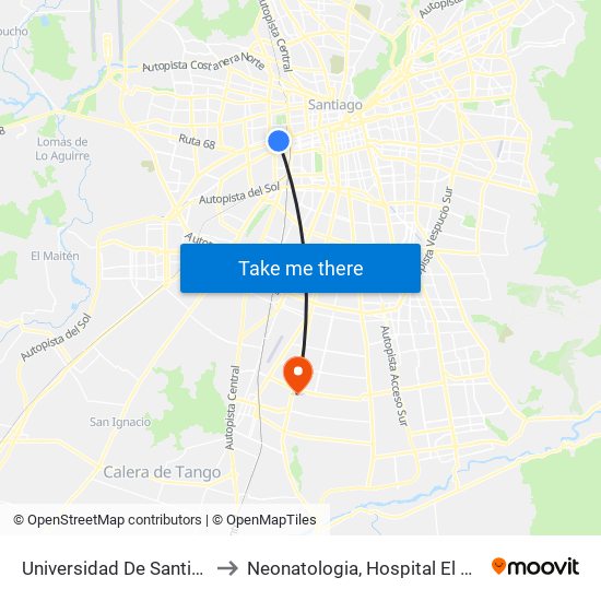 Universidad De Santiago to Neonatologia, Hospital El Pino. map