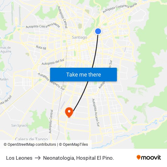 Los Leones to Neonatologia, Hospital El Pino. map