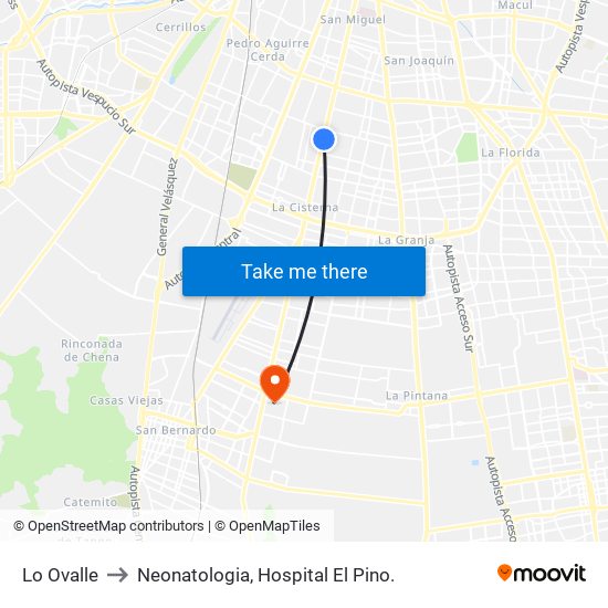 Lo Ovalle to Neonatologia, Hospital El Pino. map