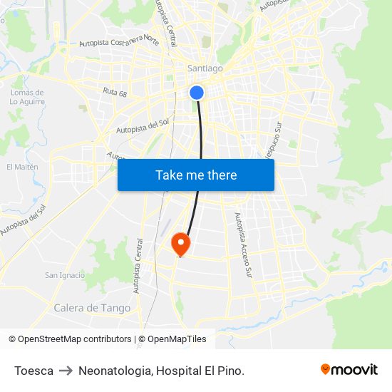 Toesca to Neonatologia, Hospital El Pino. map