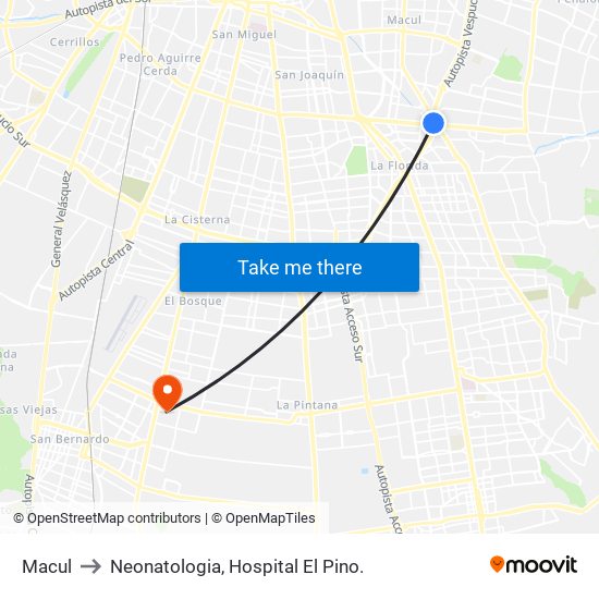 Macul to Neonatologia, Hospital El Pino. map