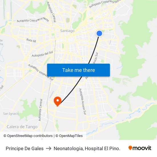 Príncipe De Gales to Neonatologia, Hospital El Pino. map