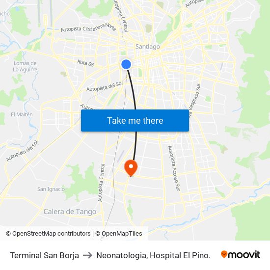 Terminal San Borja to Neonatologia, Hospital El Pino. map