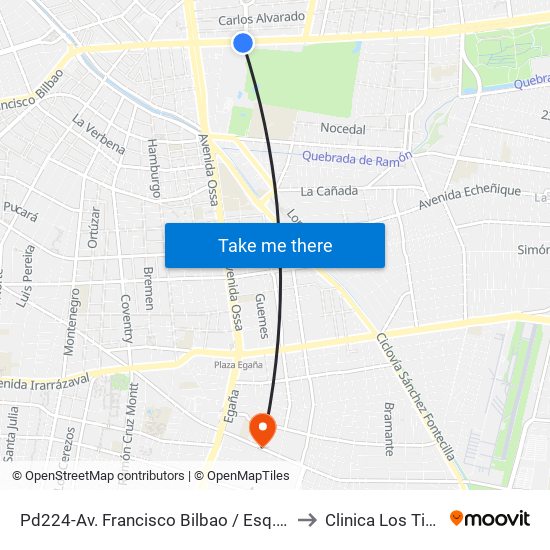 Pd224-Av. Francisco Bilbao / Esq. Av. S. Elcano to Clinica Los Tiempos map