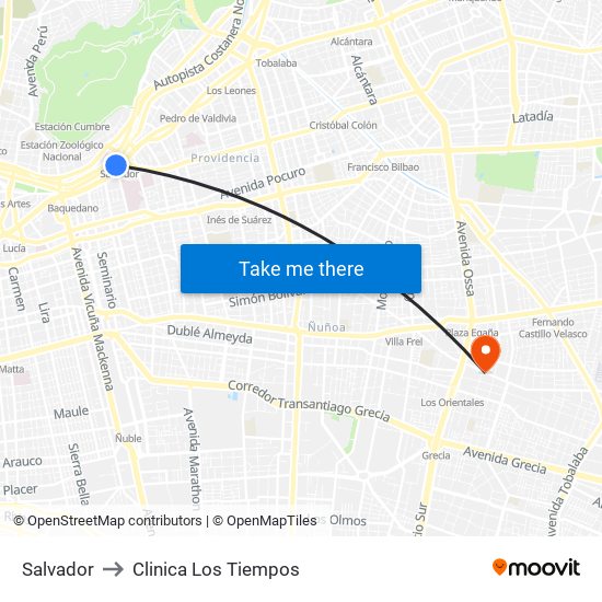 Salvador to Clinica Los Tiempos map