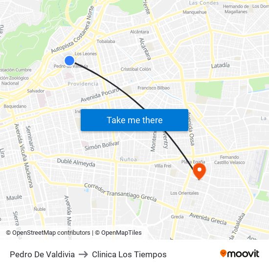 Pedro De Valdivia to Clinica Los Tiempos map