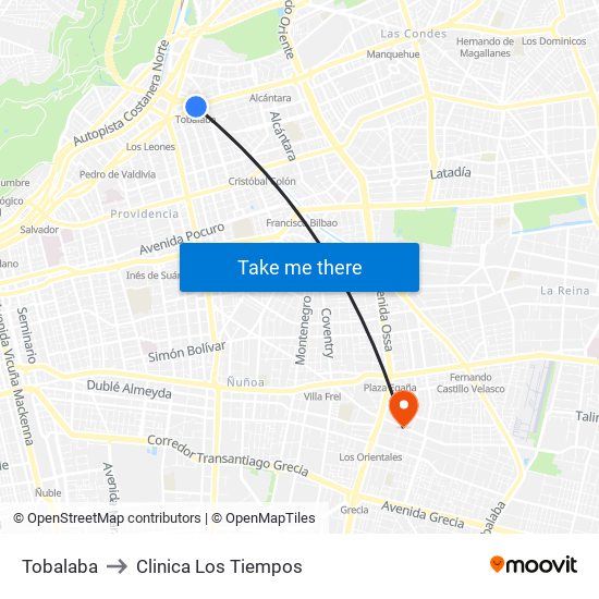 Tobalaba to Clinica Los Tiempos map