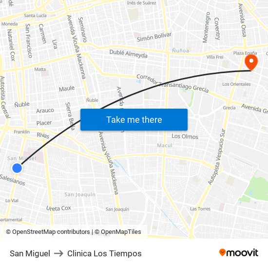 San Miguel to Clinica Los Tiempos map
