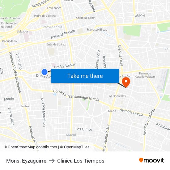 Mons. Eyzaguirre to Clinica Los Tiempos map