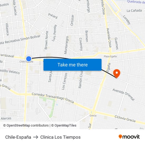 Chile-España to Clinica Los Tiempos map