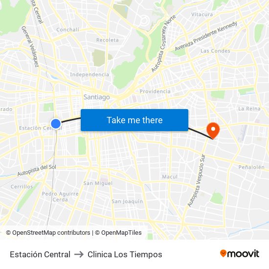 Estación Central to Clinica Los Tiempos map