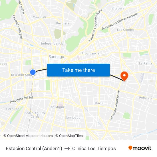 Estación Central (Anden1) to Clinica Los Tiempos map