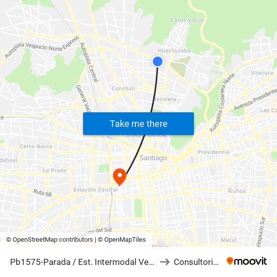 Pb1575-Parada / Est. Intermodal Vespucio Norte to Consultorio N° 5 map