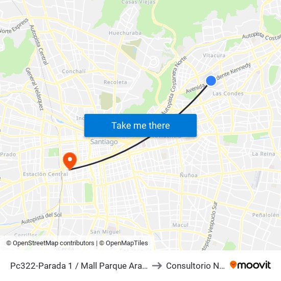 Pc322-Parada 1 / Mall Parque Arauco to Consultorio N° 5 map