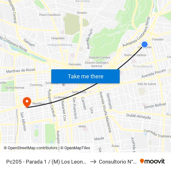 Pc205 - Parada 1 / (M) Los Leones to Consultorio N° 5 map