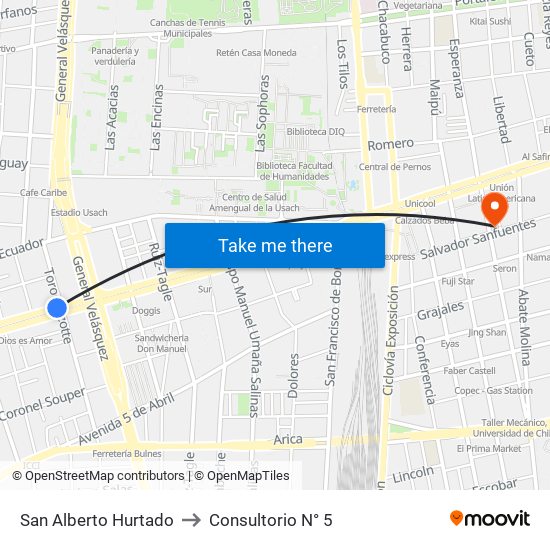 San Alberto Hurtado to Consultorio N° 5 map