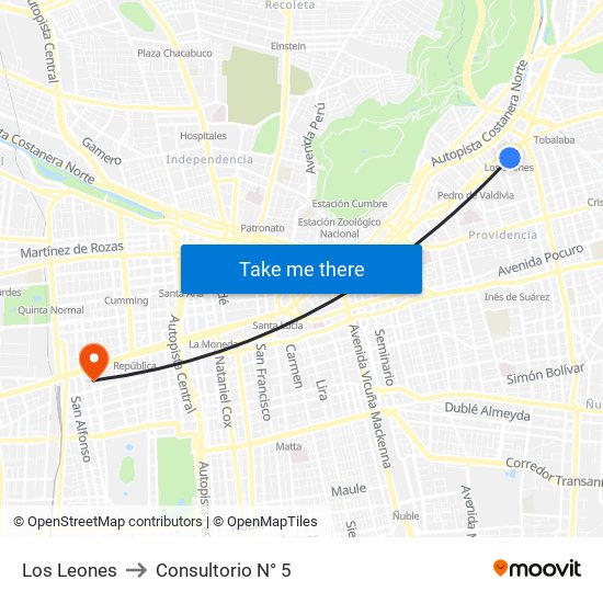 Los Leones to Consultorio N° 5 map