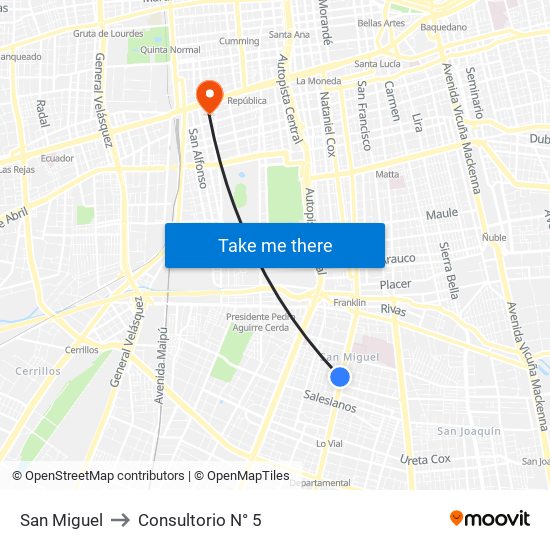 San Miguel to Consultorio N° 5 map