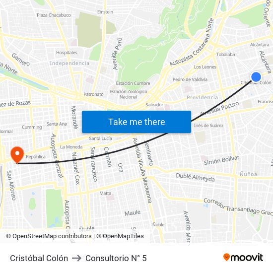 Cristóbal Colón to Consultorio N° 5 map
