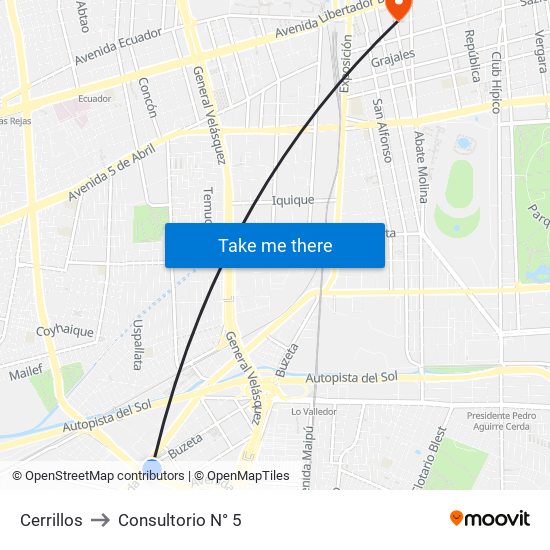 Cerrillos to Consultorio N° 5 map