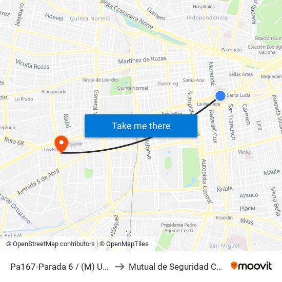 Pa167-Parada 6 / (M) Universidad De Chile to Mutual de Seguridad CChC Imagenologia. map
