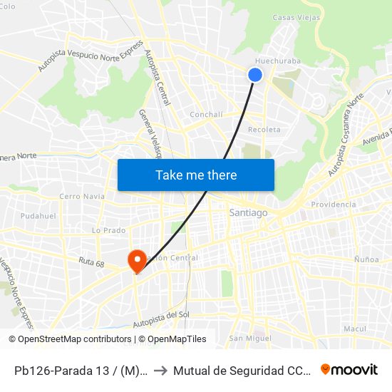 Pb126-Parada 13 / (M) Vespucio Norte to Mutual de Seguridad CChC Imagenologia. map