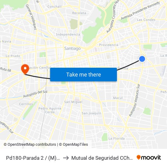 Pd180-Parada 2 / (M) Simón Bolívar to Mutual de Seguridad CChC Imagenologia. map