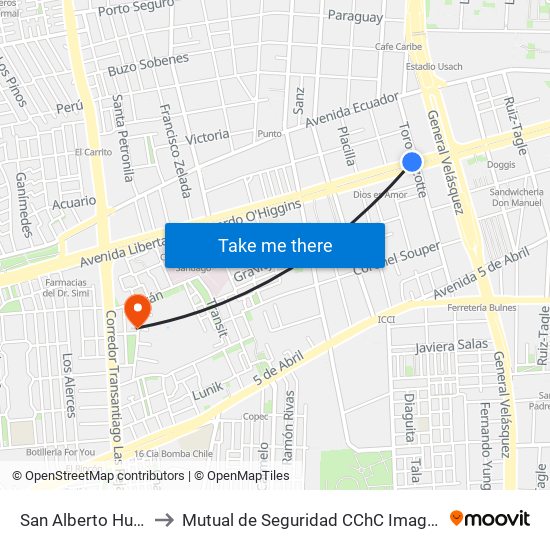 San Alberto Hurtado to Mutual de Seguridad CChC Imagenologia. map