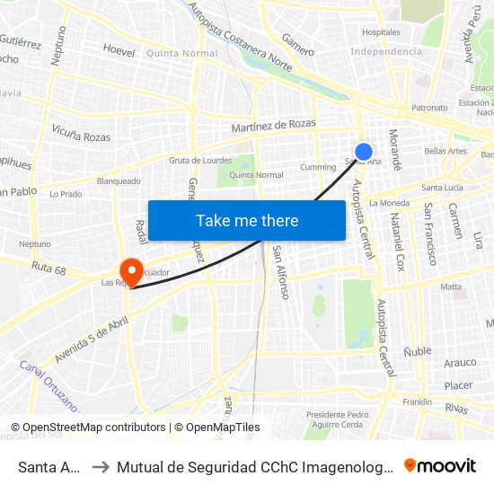 Santa Ana to Mutual de Seguridad CChC Imagenologia. map