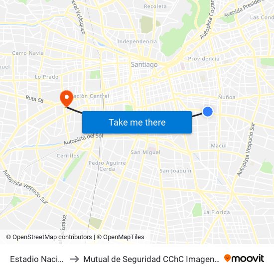 Estadio Nacional to Mutual de Seguridad CChC Imagenologia. map