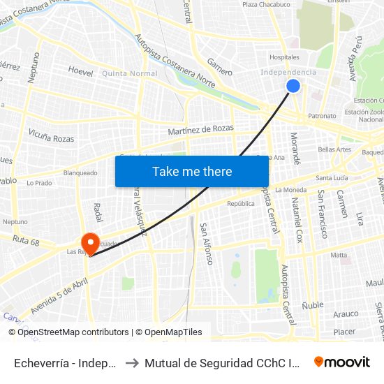 Echeverría - Independencia to Mutual de Seguridad CChC Imagenologia. map