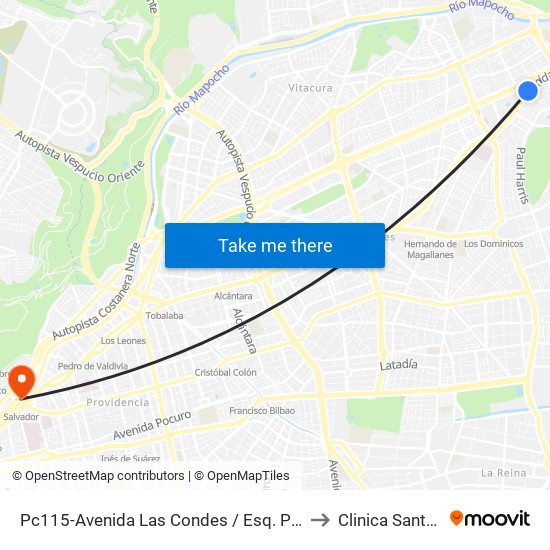 Pc115-Avenida Las Condes / Esq. Psje. Las Condes to Clinica Santa María map