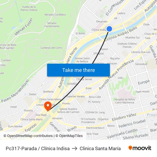 Pc317-Parada / Clínica Indisa to Clinica Santa María map