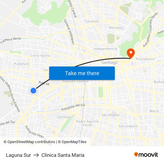 Laguna Sur to Clinica Santa María map