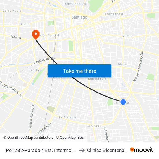 Pe1282-Parada / Est. Intermodal De La Florida to Clinica Bicentenario Piso 7 map