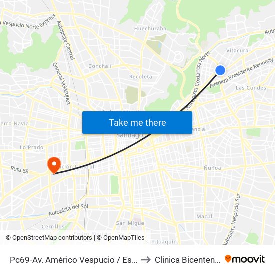 Pc69-Av. Américo Vespucio / Esq. Avenida Vitacura to Clinica Bicentenario Piso 7 map
