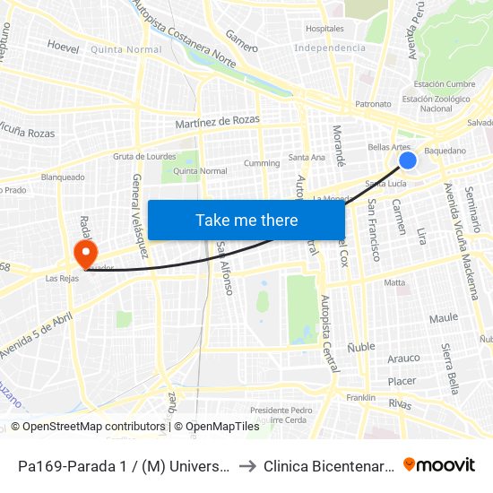 Pa169-Parada 1 / (M) Universidad Católica to Clinica Bicentenario Piso 7 map