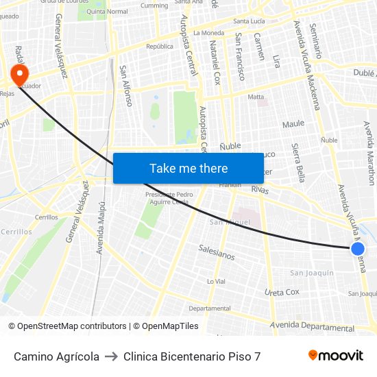 Camino Agrícola to Clinica Bicentenario Piso 7 map