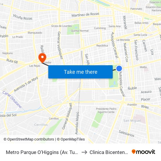 Metro Parque O'Higgins (Av. Tupper Esq. Av. Viel) to Clinica Bicentenario Piso 7 map
